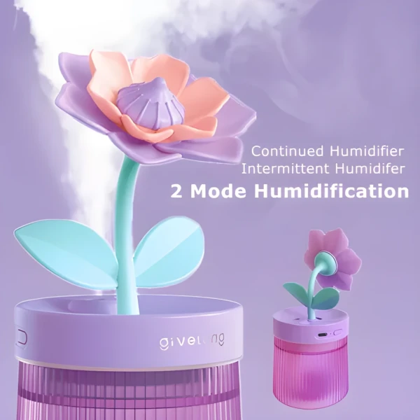 Humidificador de aire floral con 2 modos de nebulización: continuo e intermitente.