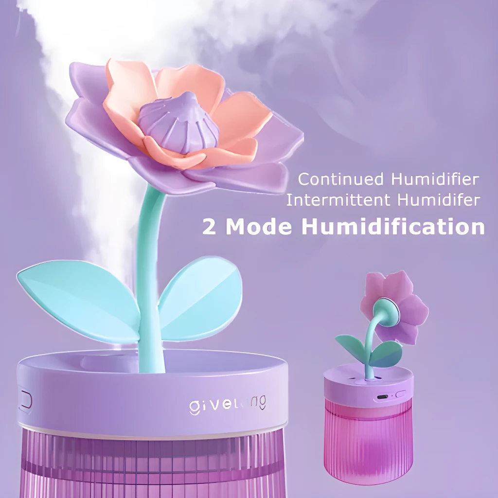Humidificador de aire floral con 2 modos de nebulización: continuo e intermitente.