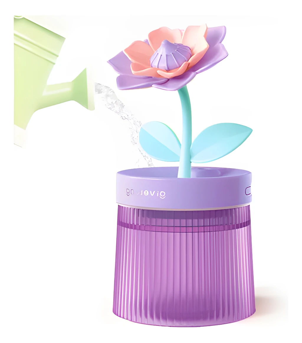 Humidificador de aire flor regando con agua, diseño morado y rosa, difusor aromático.