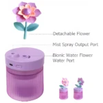 Humidificador de aire floral morado con rociador de niebla y flor de riego biónica.