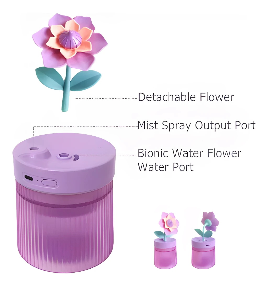 Humidificador de aire floral morado con rociador de niebla y flor de riego biónica.