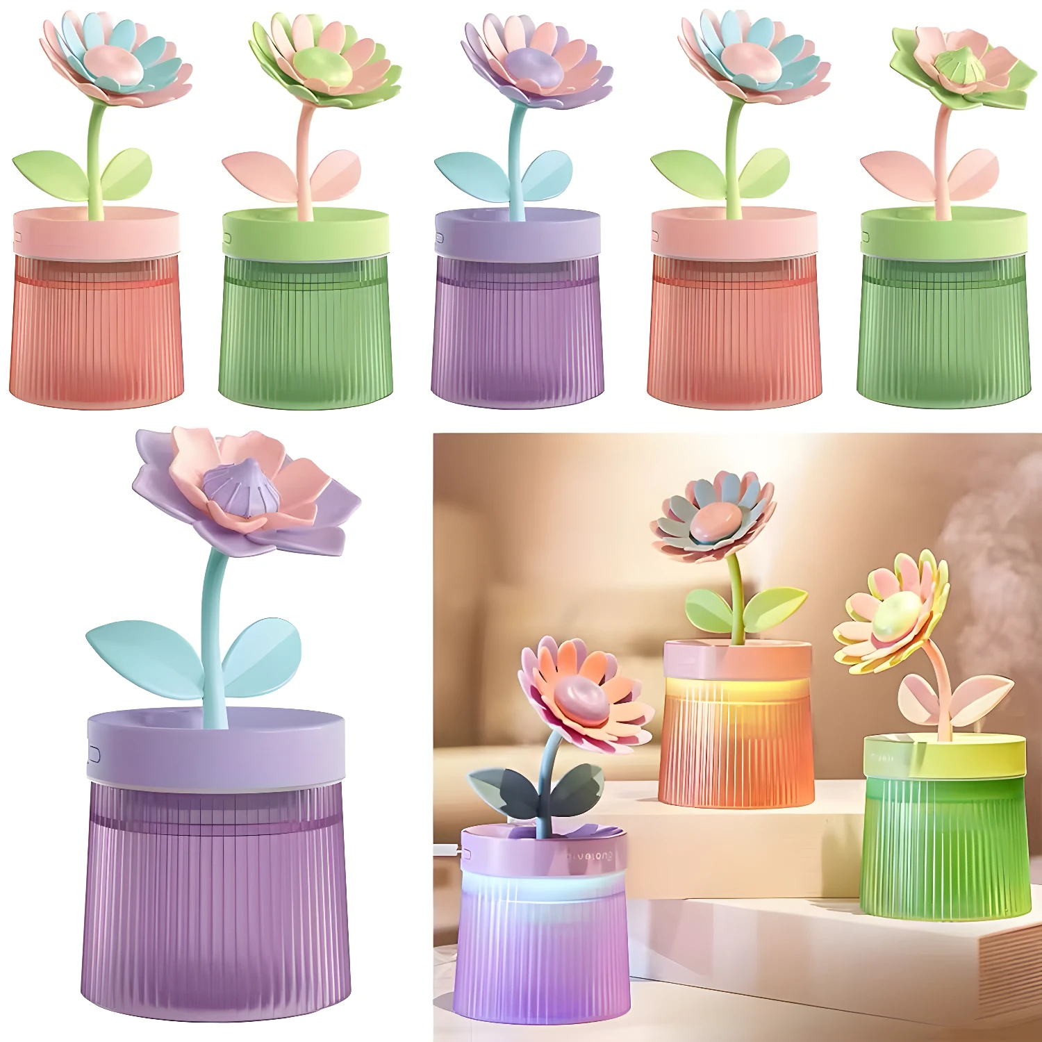 Humidificador de aire flor riego con luz LED, diseño creativo y moderno.