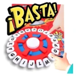 Juego de mesa Basta Interactivo con ruleta de letras y manos señalando, ideal para juegos de palabras.