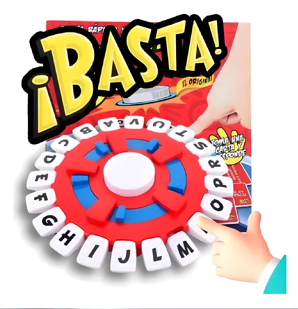 Juego de mesa Basta Interactivo con ruleta de letras y manos señalando, ideal para juegos de palabras.