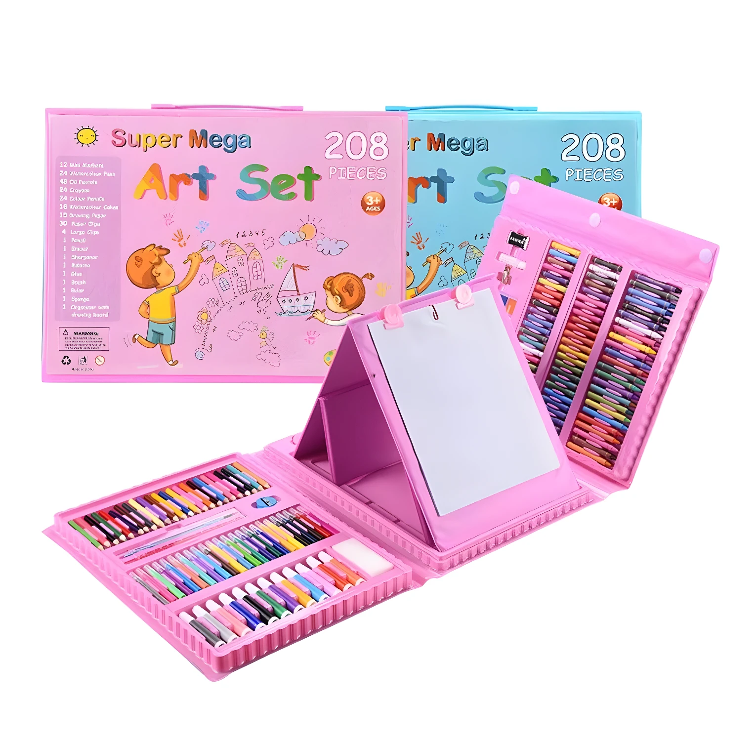 Kit de arte infantil 208 piezas rosa con lápices, crayones y acuarelas.