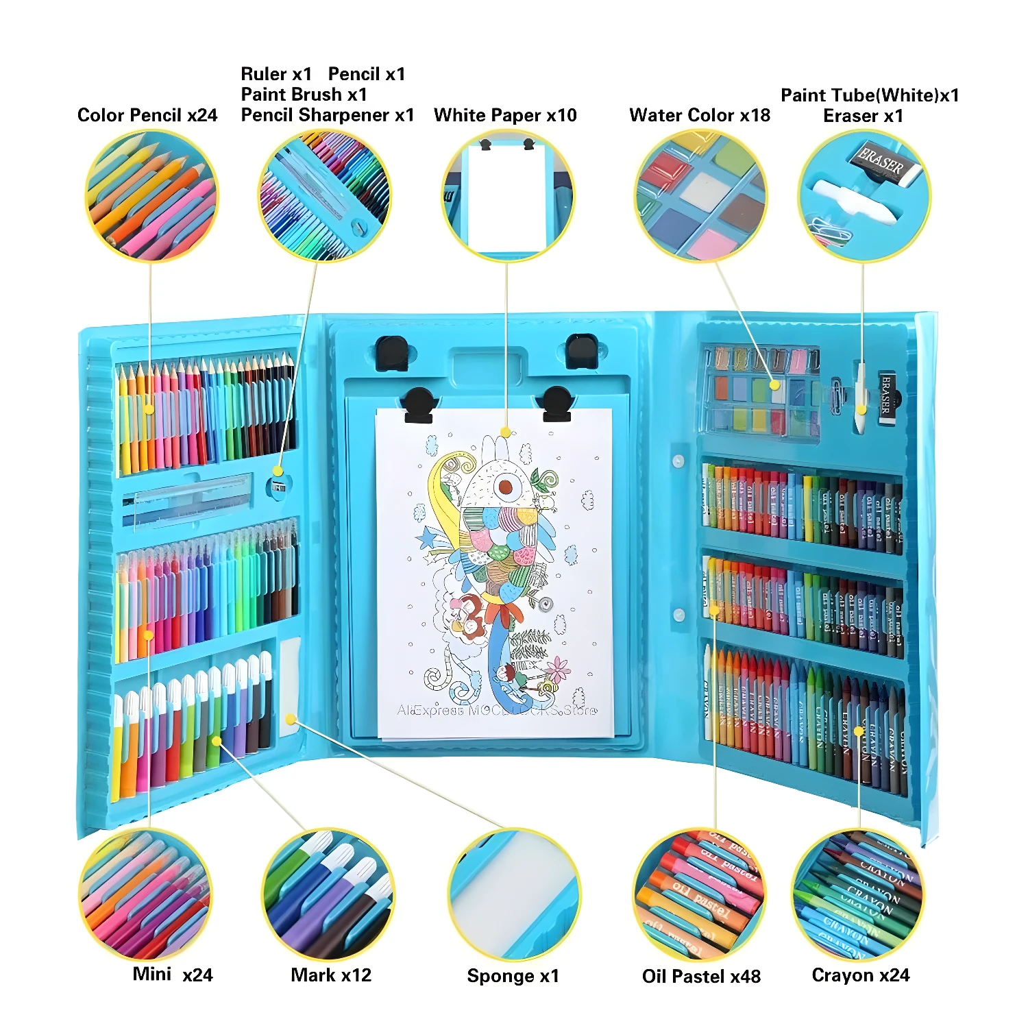 Estuche de arte 208 piezas para niños con lápices de colores, crayones, marcadores, acuarelas y más.