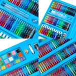 Estuche azul 208 piezas con lápices de colores, crayones, pasteles al óleo y acuarelas para niños.