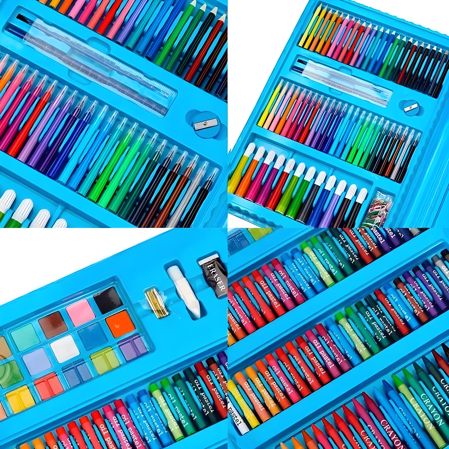 Estuche azul 208 piezas con lápices de colores, crayones, pasteles al óleo y acuarelas para niños.