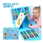 Kit de arte para niños 208 piezas: niña sonriente con caja de crayones, marcadores y lápices.