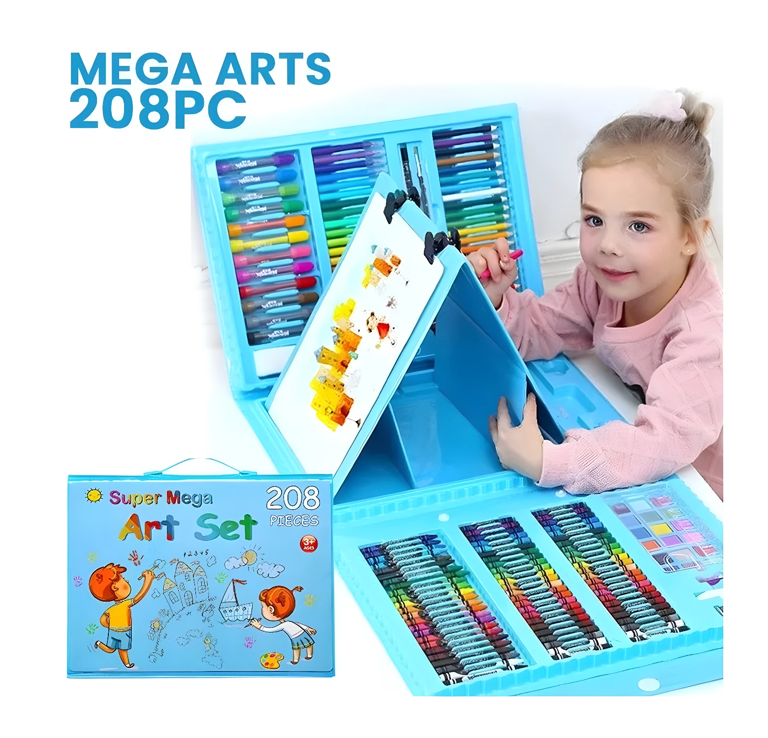 Kit de arte para niños 208 piezas: niña sonriente con caja de crayones, marcadores y lápices.