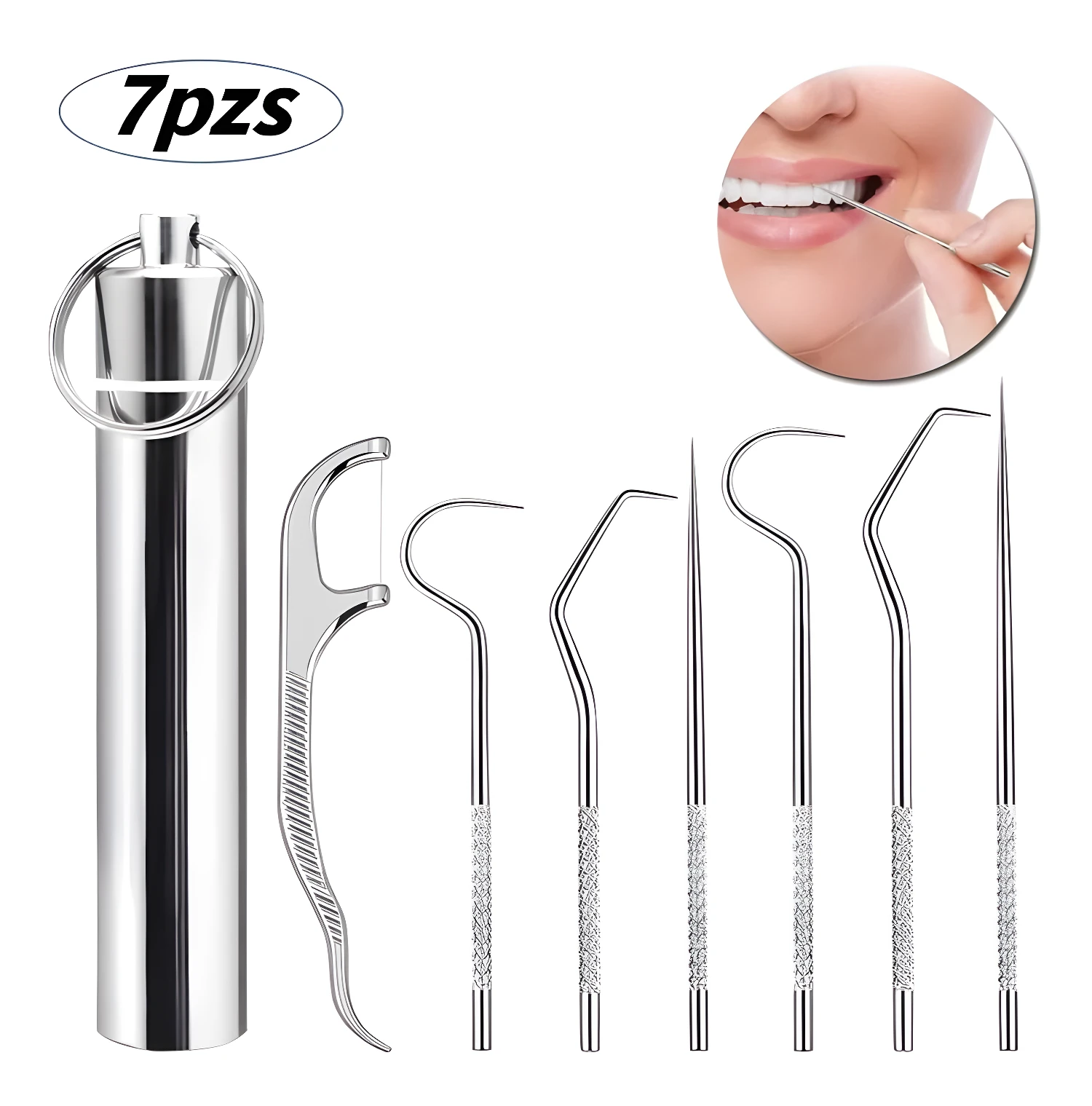 Kit de limpieza dental con palillos de acero, ideal para higiene bucal portátil y profunda.