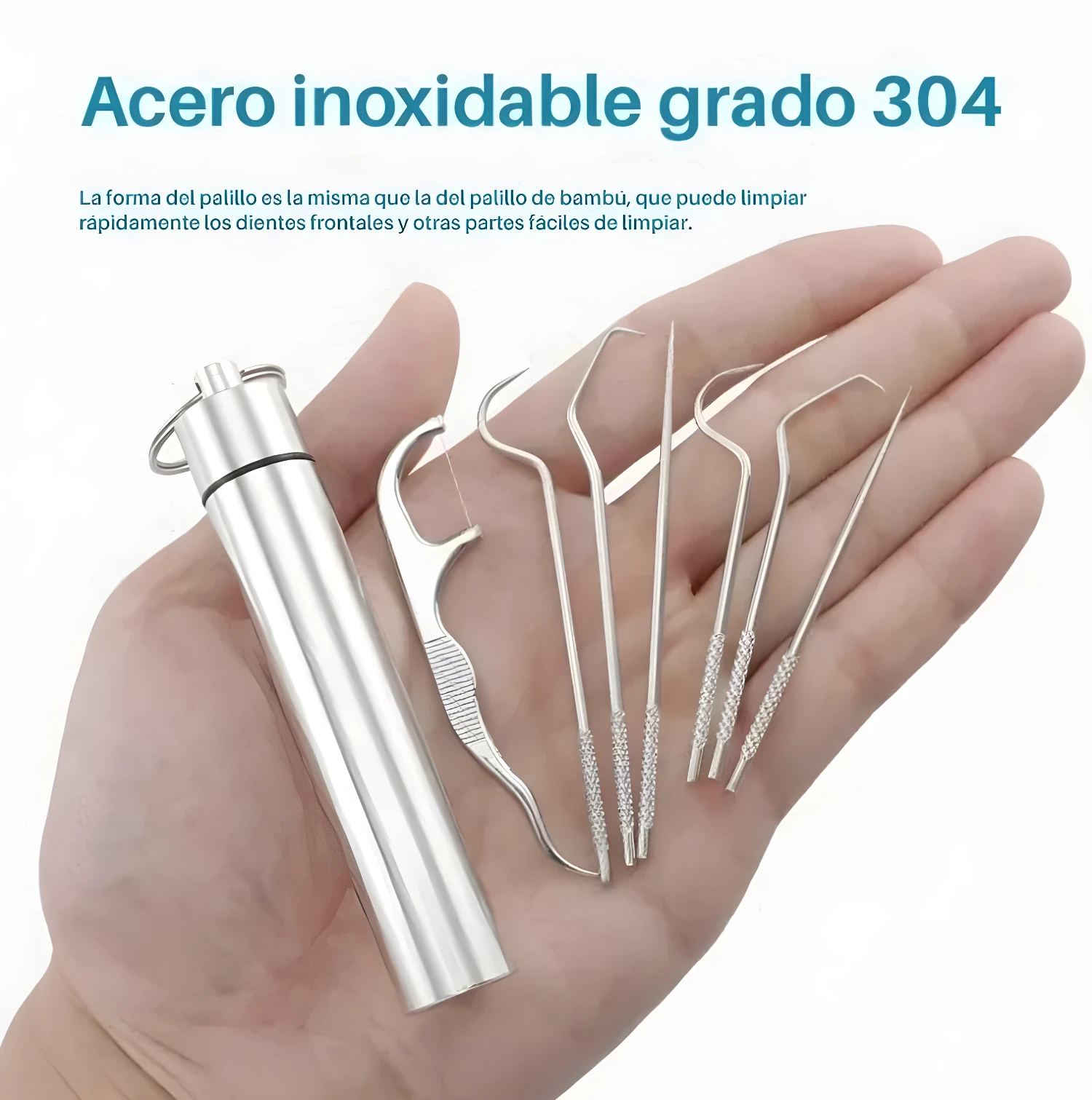Kit de limpieza dental palillo de acero inoxidable 304 para higiene bucal.