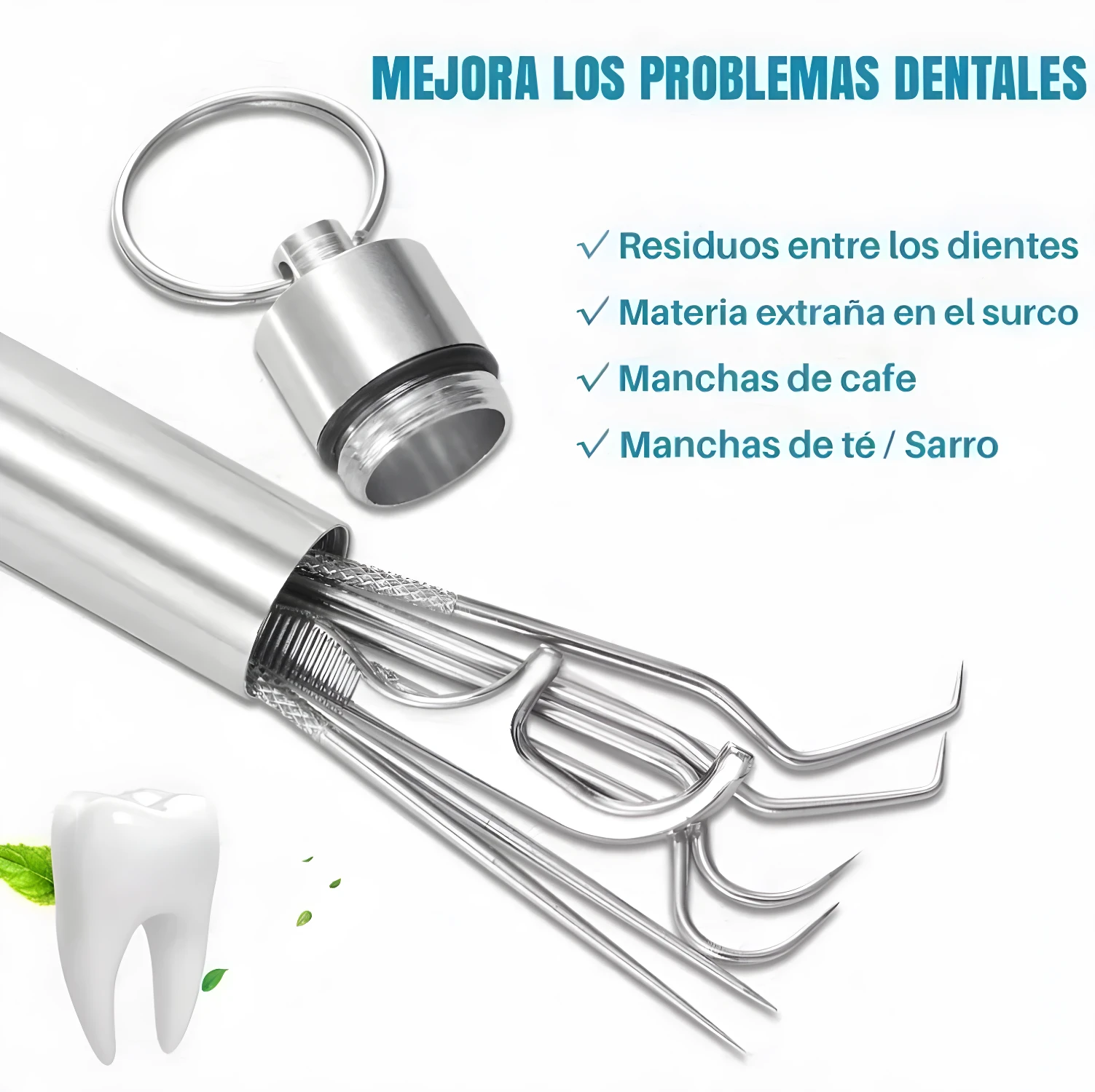 Kit limpieza dental acero: elimina residuos, sarro y manchas. Con estuche.