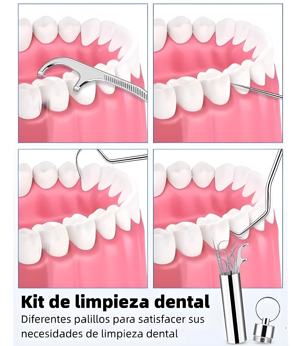 Kit de limpieza dental: Palillos de acero para higiene interdental y pulido de dientes.