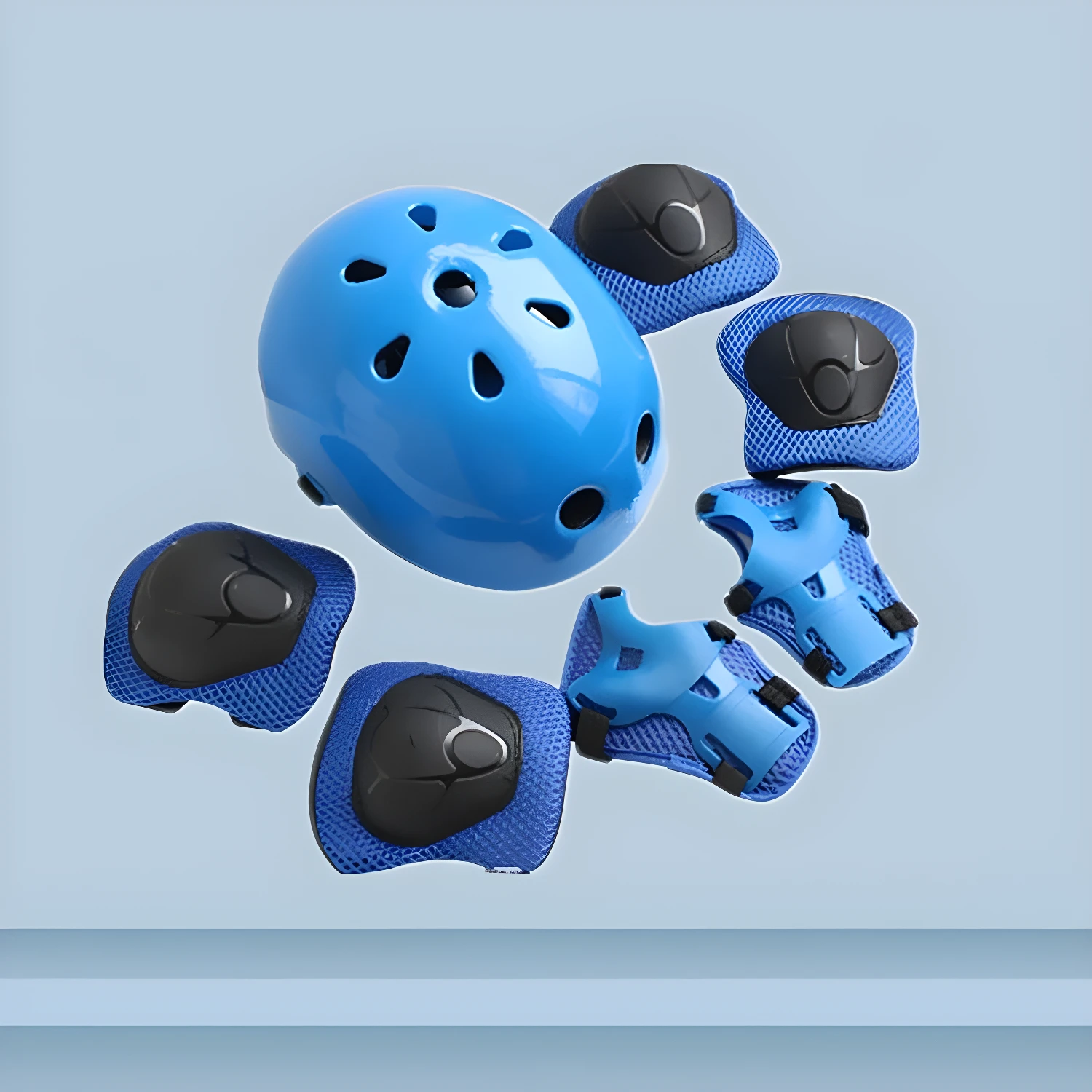 Casco azul y protectores para niños, kit de seguridad para deportes infantiles.
