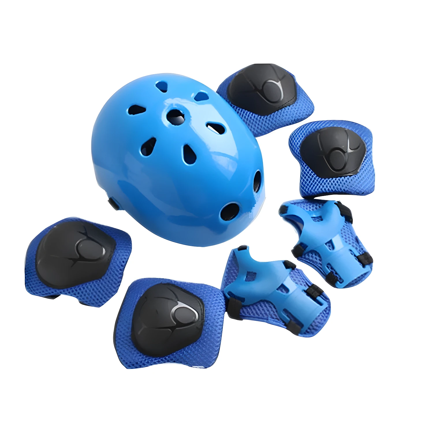 Kit de protección azul para deportes infantiles: casco, rodilleras y coderas.