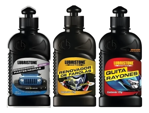 Kit Lubristone: Renovador partes negras, farolas y quita rayones para motos y autos.