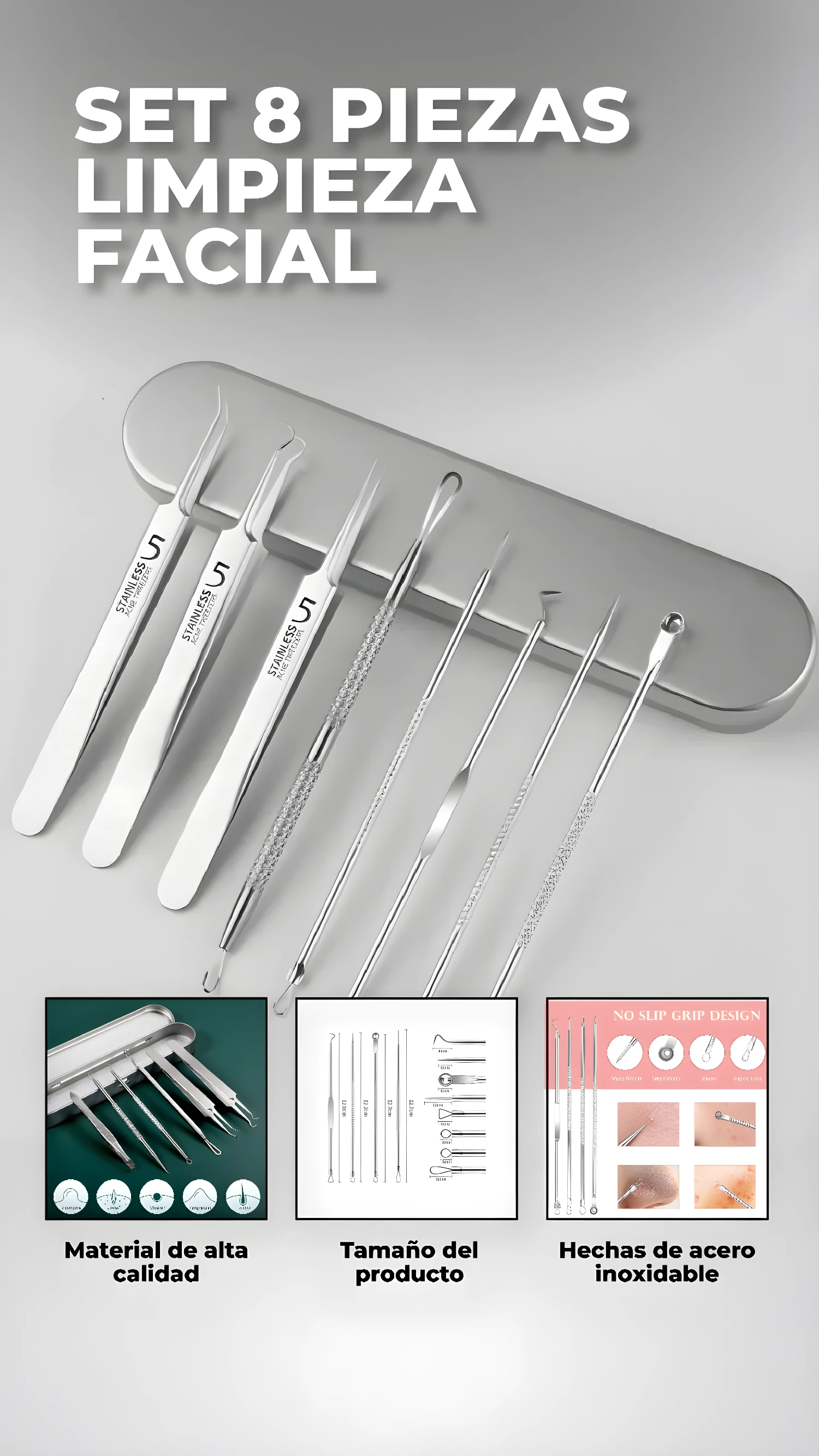 Kit removedor de espinillas X8 en acero inoxidable, ideal para limpieza facial profunda.