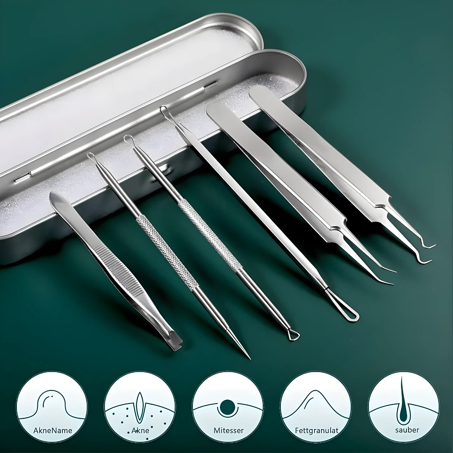 Kit extractor removedor de espinillas x8 de acero inoxidable con estuche.