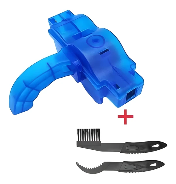 Kit de limpieza de cadena de bicicleta azul con cepillo y herramienta, para mantenimiento.