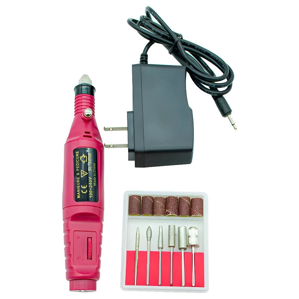 Kit pulidor de uñas eléctrico rosa con accesorios y adaptador de corriente.
