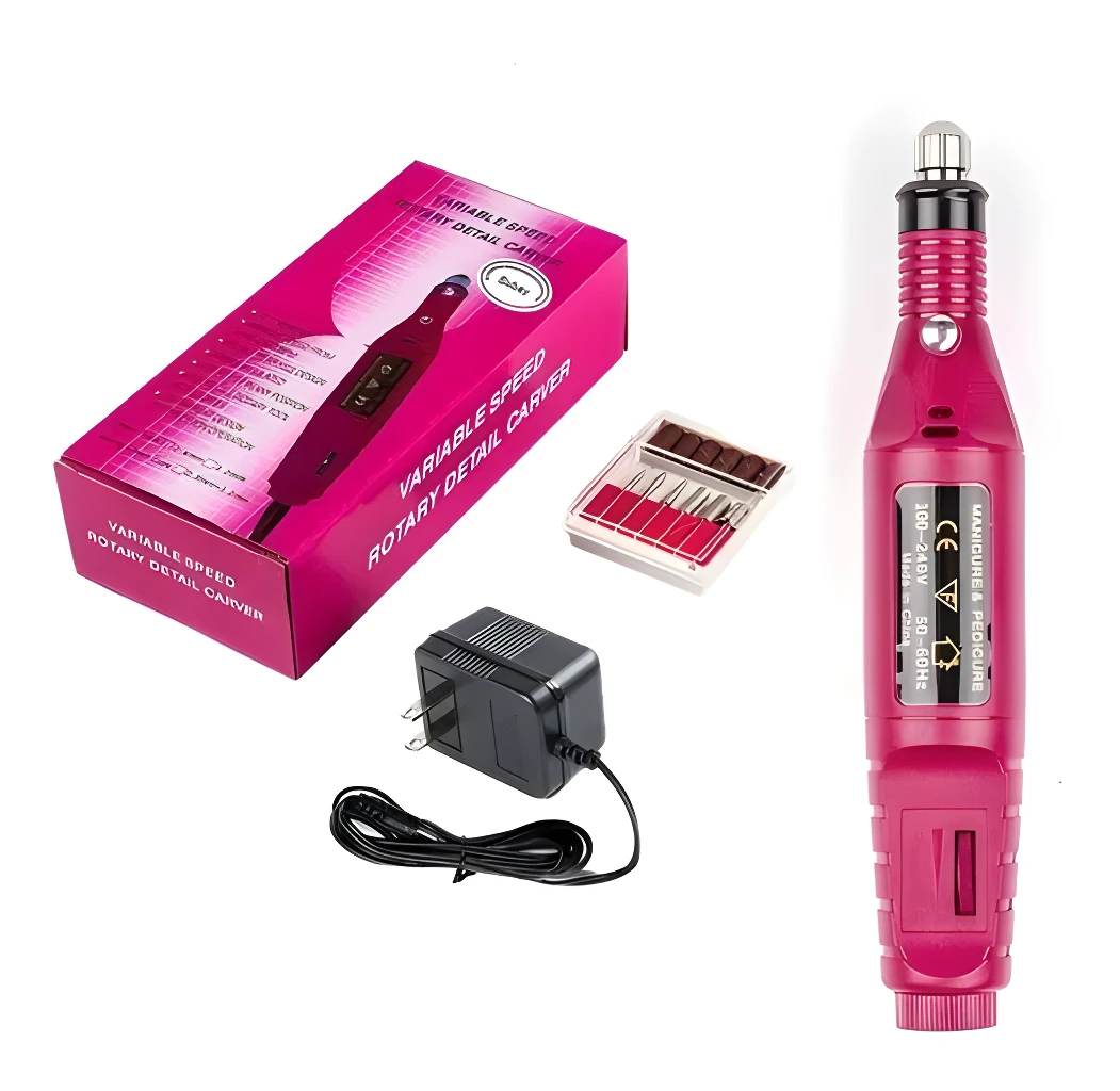 Kit pulidor de uñas eléctrico rosa, estuche con brocas y adaptador de corriente.