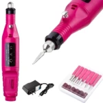 Kit pulidor de uñas eléctrico rosa con accesorios, cargador y broca de diamante.