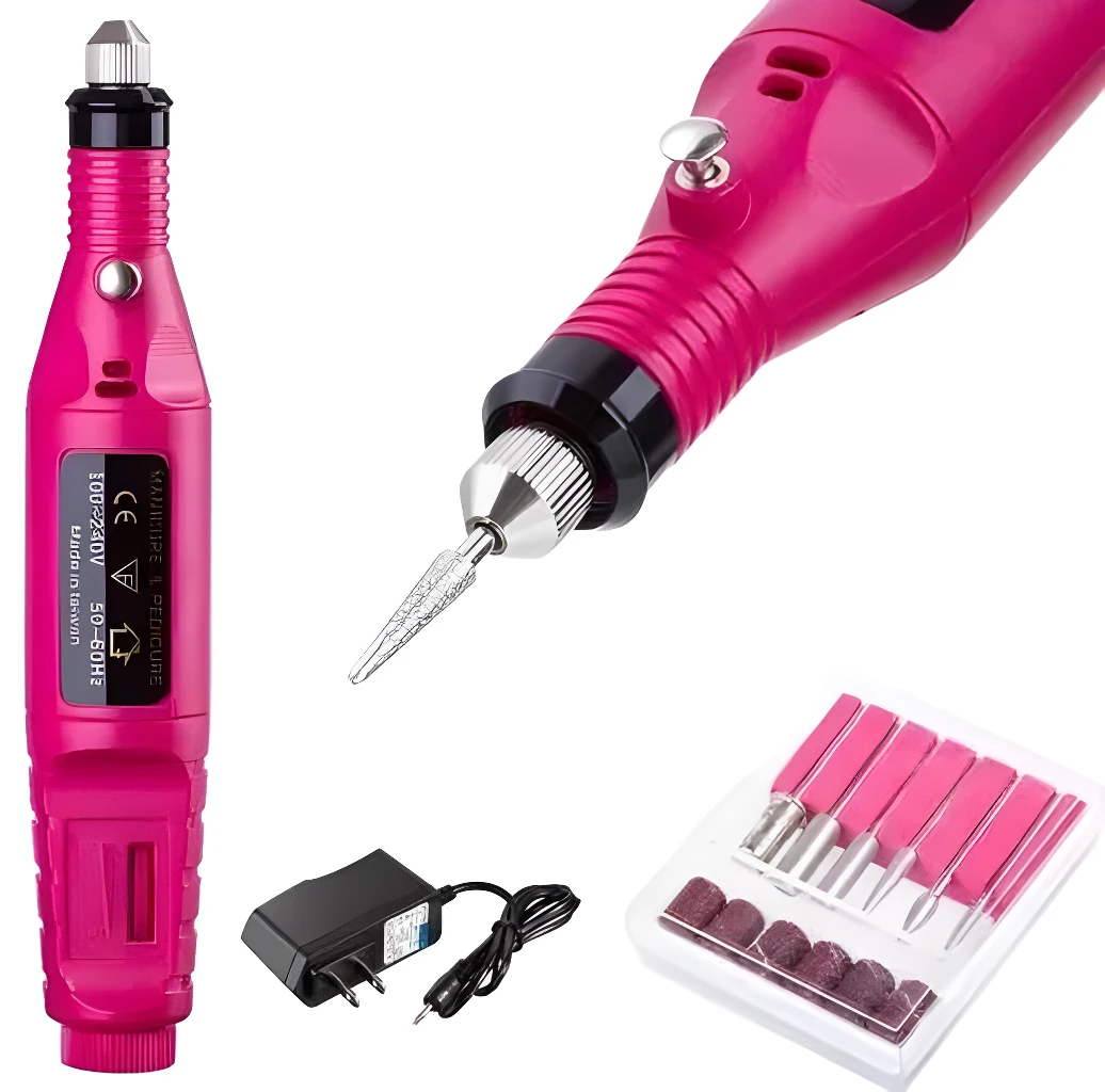 Kit pulidor de uñas eléctrico rosa con accesorios, cargador y broca de diamante.