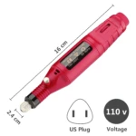 Kit pulidor de uñas eléctrico rosa con medidas 16 cm largo y 2.4 cm ancho.