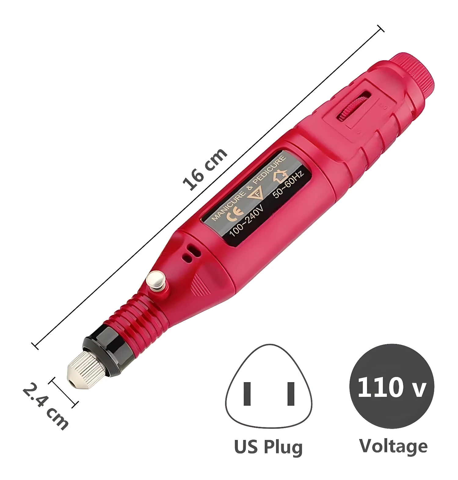 Kit pulidor de uñas eléctrico rosa con medidas 16 cm largo y 2.4 cm ancho.