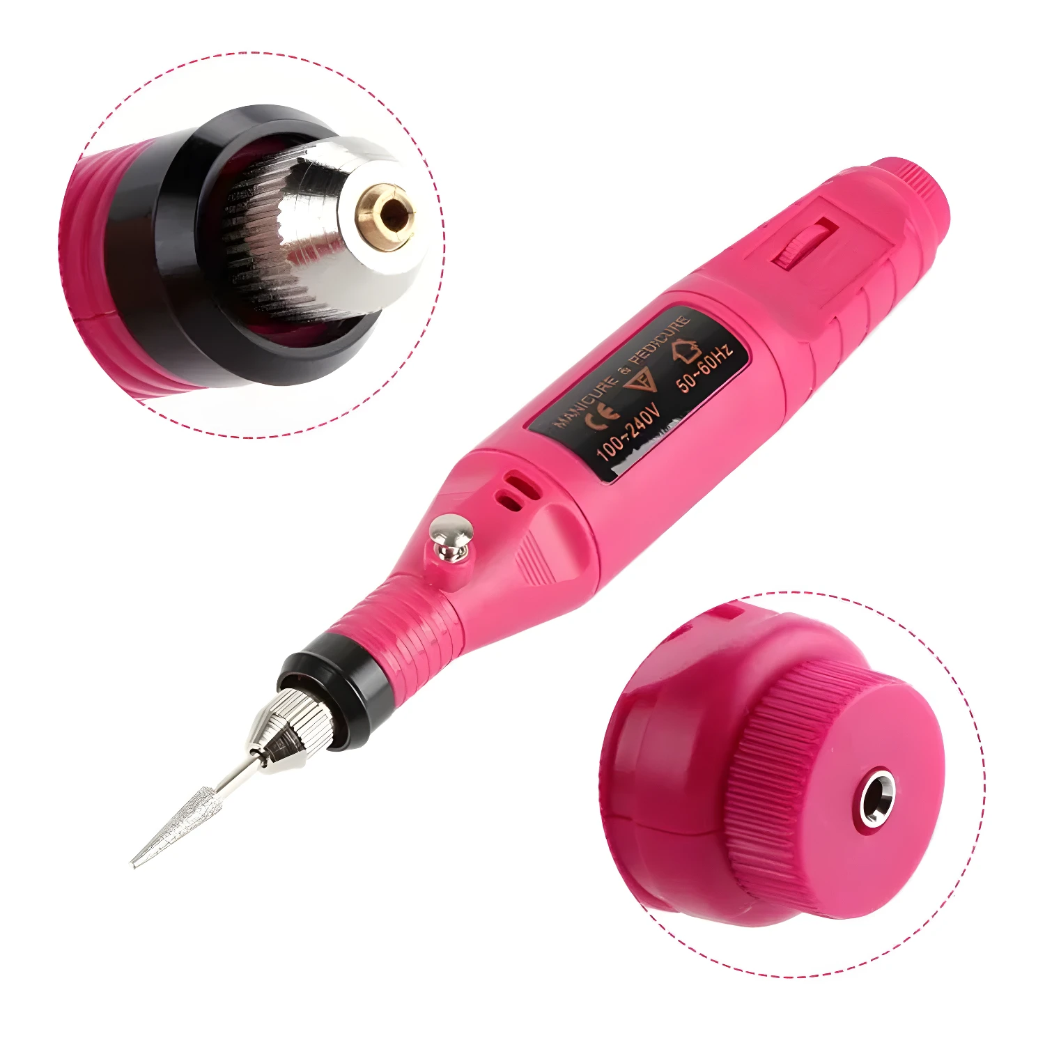 Kit pulidor de uñas eléctrico rosa con broca, para manicura y pedicura.