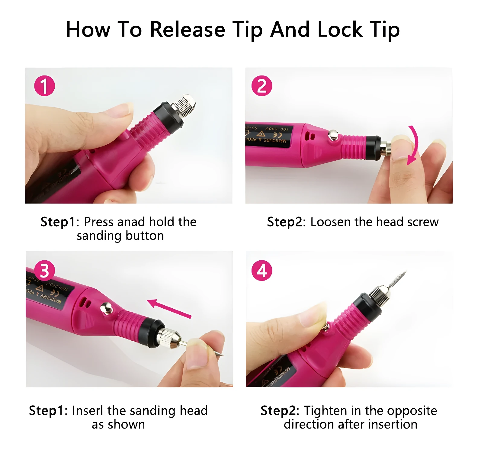 Kit pulidor de uñas eléctrico: cómo insertar y asegurar puntas de lijado.