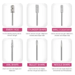 Kit pulidor de uñas eléctrico: brocas cónicas, cilíndricas, de aguja y bala.