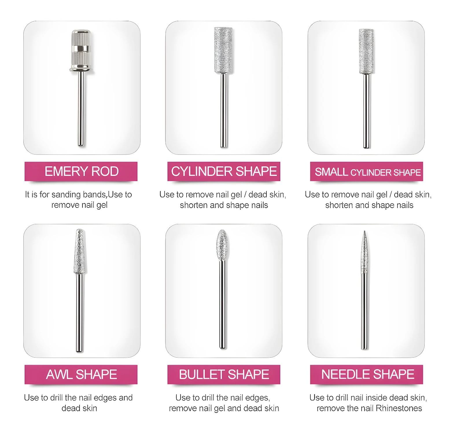 Kit pulidor de uñas eléctrico: brocas cónicas, cilíndricas, de aguja y bala.