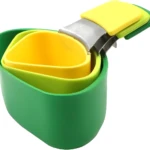 Kit de 3 escurridores de silicona multiusos verdes y amarillos apilados, perfectos para cocina.