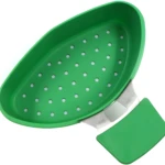 Escurridor de silicona verde multiusos con mango, ideal para cocina.