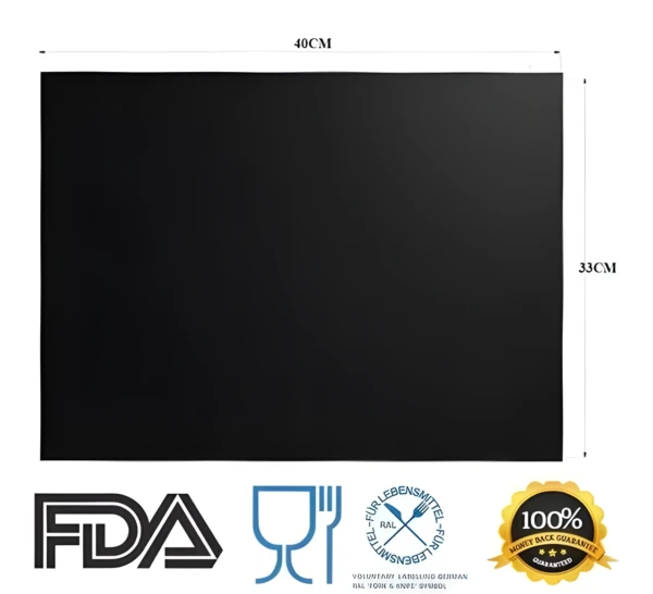 Láminas antiadherentes para asar BBQ de 40x33cm, aptas para alimentos y con garantía.