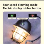 Lámpara de camping LED recargable con indicador de batería y modo de atenuación.