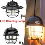 Lámpara de camping LED recargable estilo retro, con cable USB, ideal para exteriores.