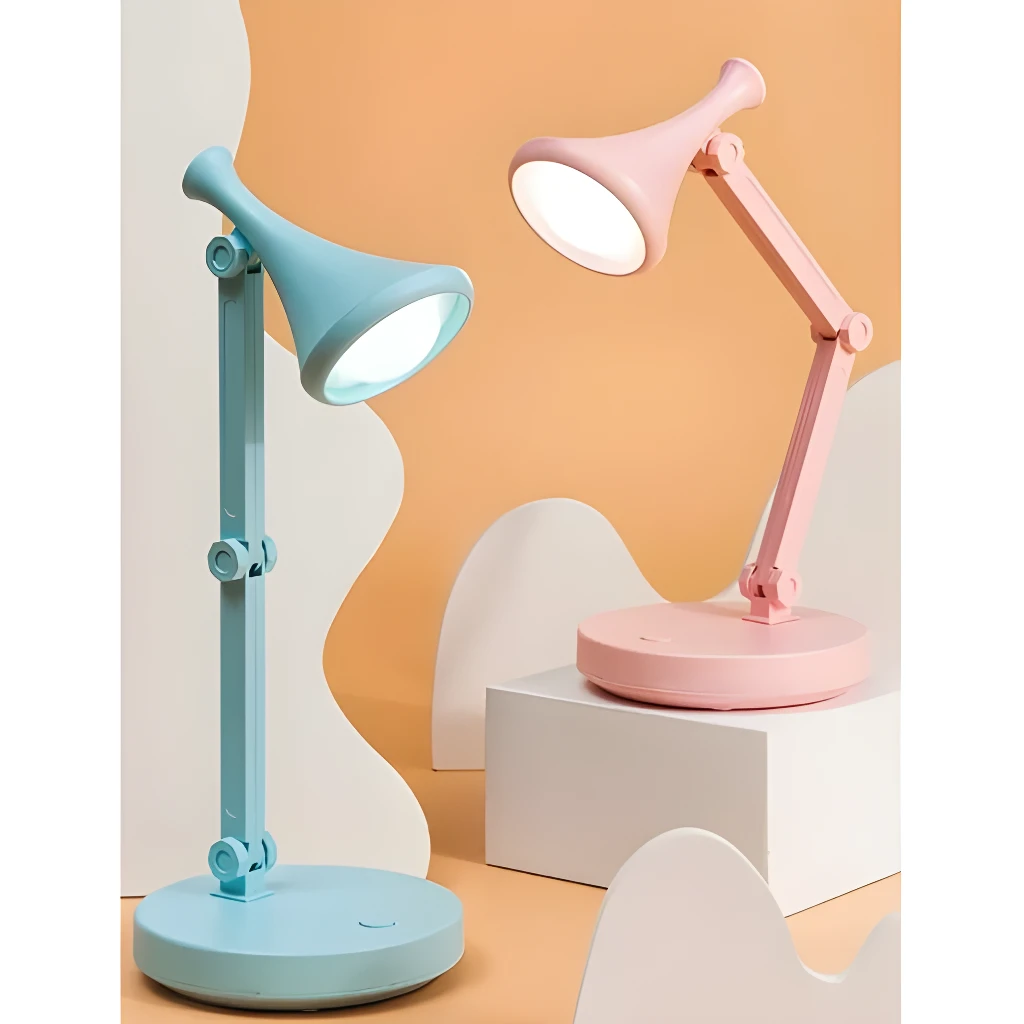 Lámpara de escritorio pequeña Zo azul y rosa, diseño moderno y ajustable.