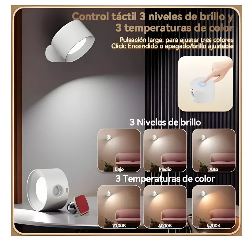 Lámpara LED magnética con control táctil, 3 niveles de brillo y 3 temperaturas de color.