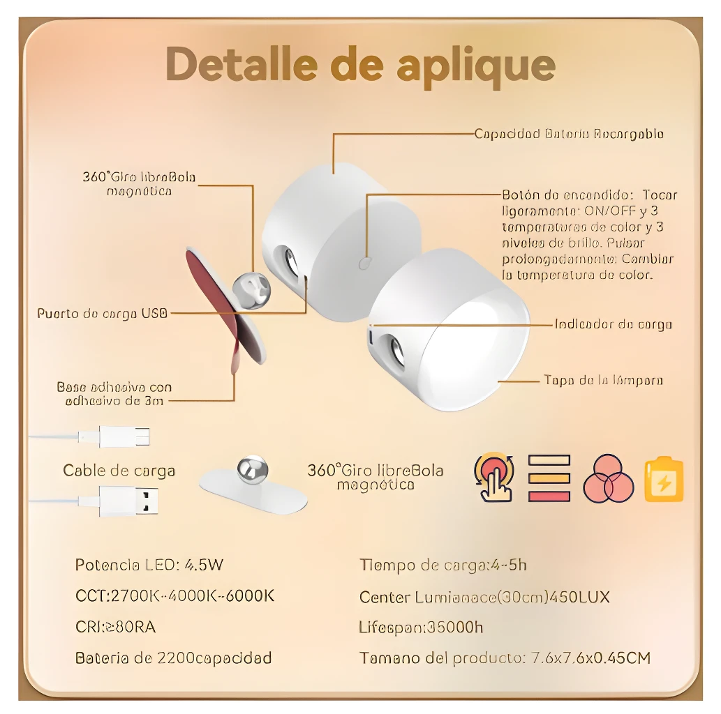 Lámpara LED magnética recargable, con control de brillo y temperatura de color.