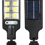 Lámpara solar exterior LED con sensor de movimiento y panel de carga frontal.