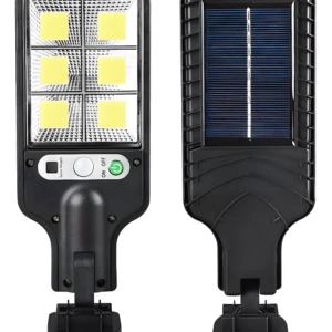 Lámpara solar exterior LED con sensor de movimiento y panel de carga frontal.
