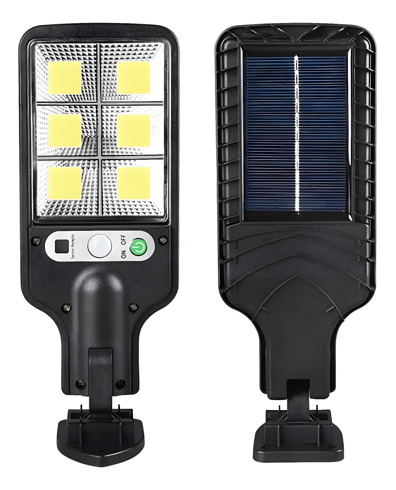 Lámpara solar exterior LED con sensor de movimiento y panel de carga frontal.