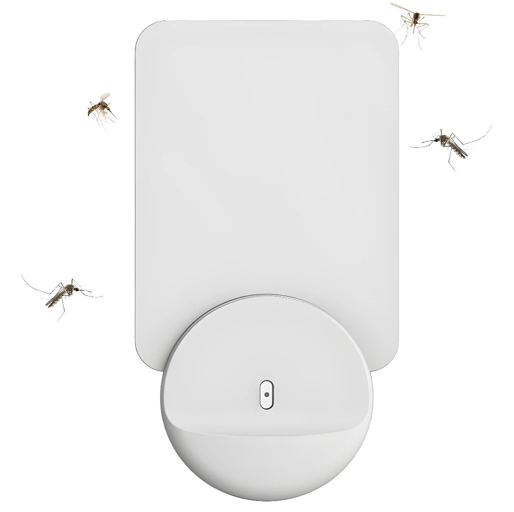 Lámpara matamosquitos blanca con diseño moderno y varios mosquitos volando a su alrededor.