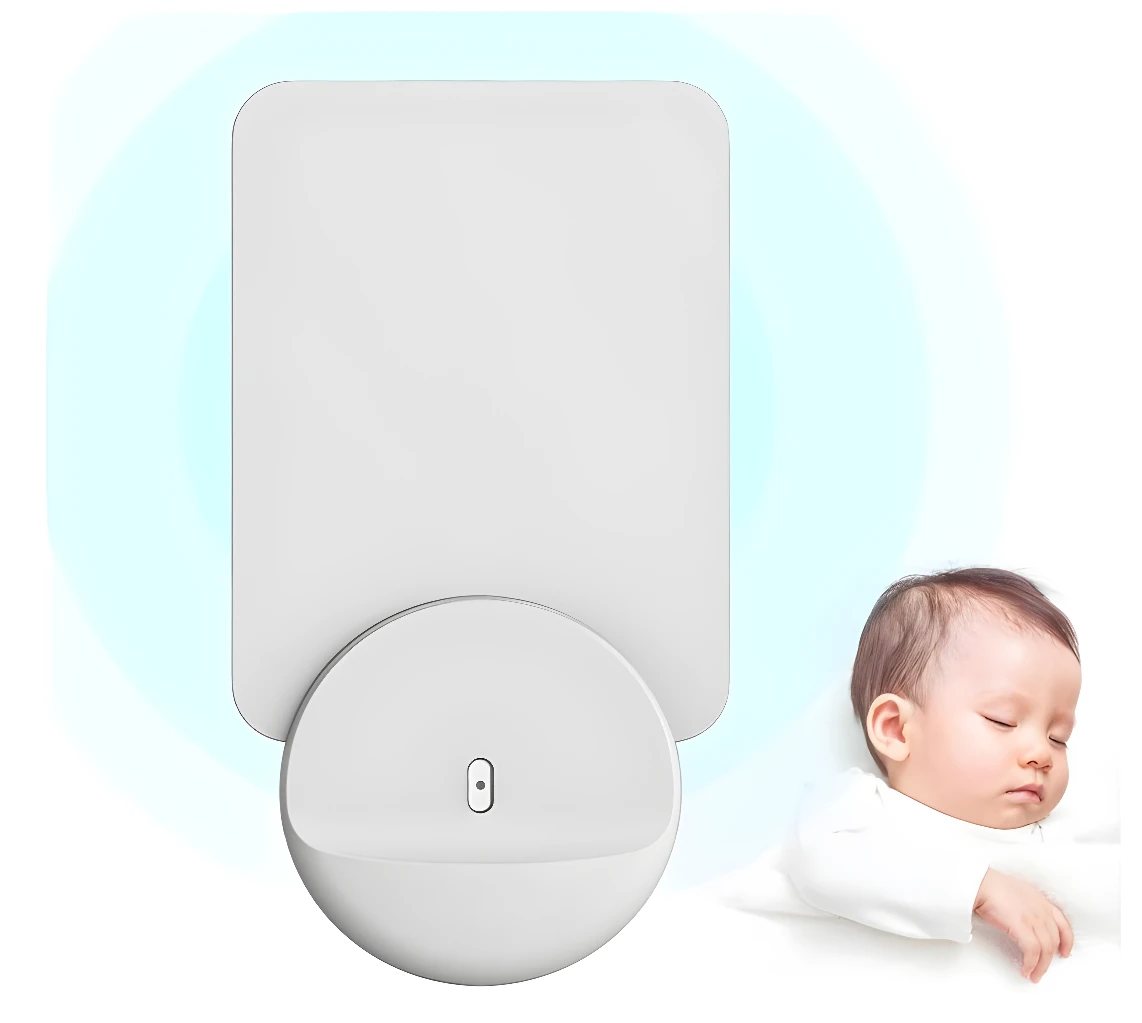 Lámpara para matar mosquitos blanca en forma de disco y panel, junto a un bebé durmiendo.