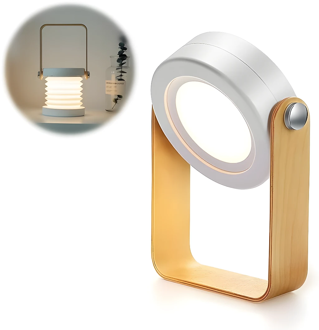 Lámpara táctil retráctil multifuncional de madera y LED blanco, diseño moderno.