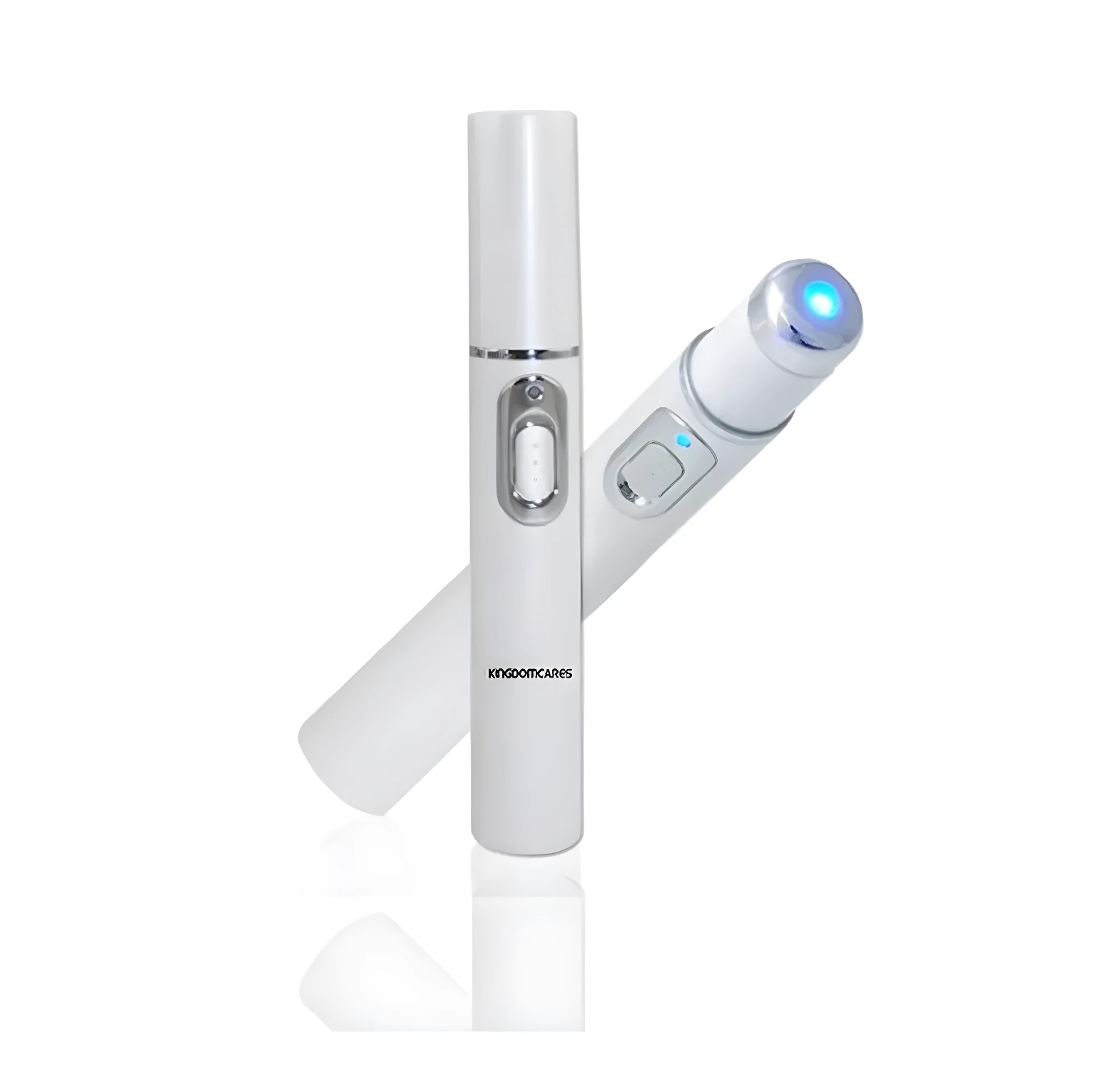 Lápiz de luz azul láser blanco para cuidado de la piel, con botón y punta brillante.