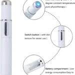 Lápiz Luz Azul Láser para fisioterapia: sonda de acero, botón y compartimento de batería.